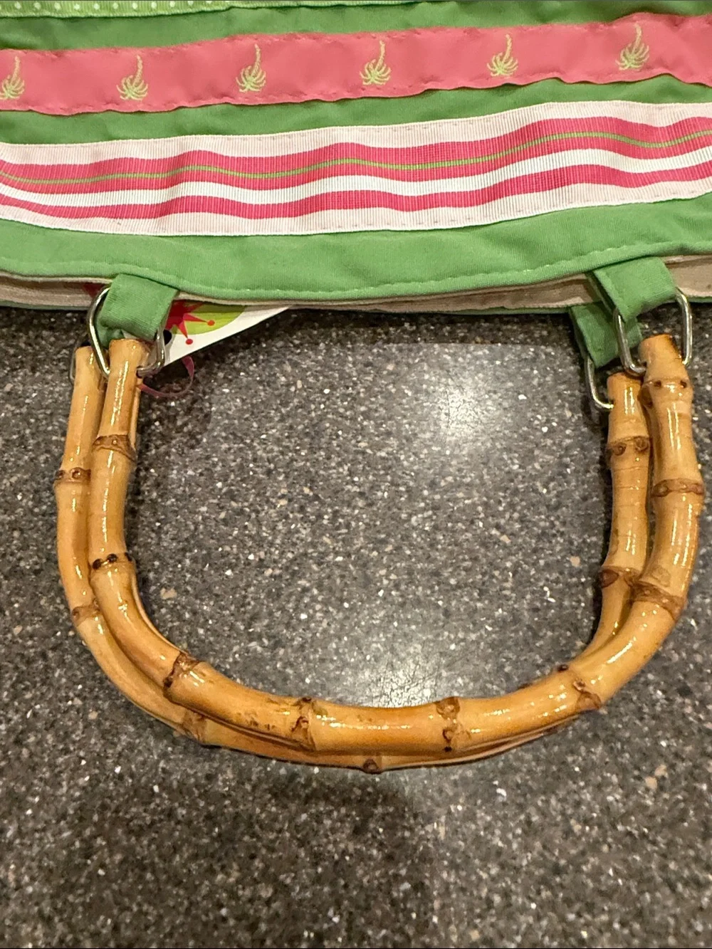 Striped Pink and Green Ribbon Clutch Bag with Bamboo Handles